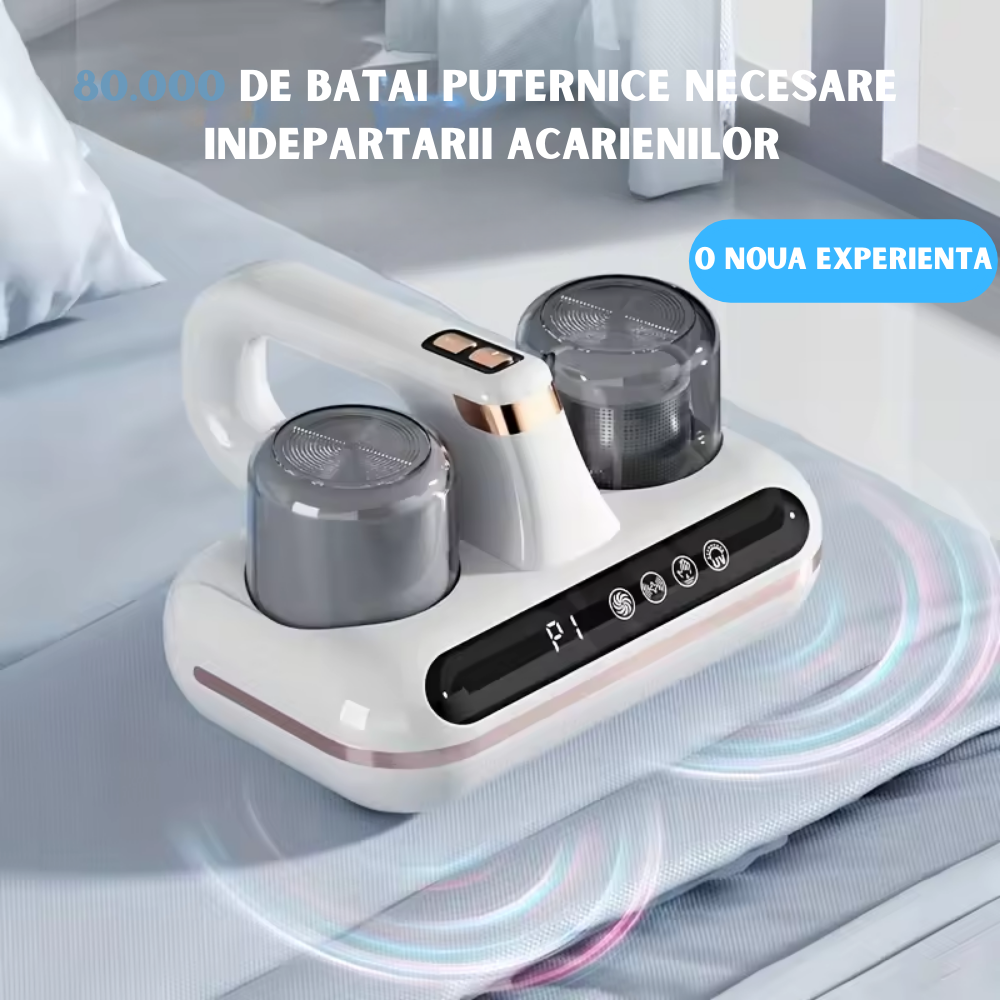 Aspirator de Mana cu Tehnologie UV si Ultrasonica, Wireless, pentru Combaterea Acarienilor si Plosnitelor, Aspirare Profunda a Paturilor, Canapelelor si Hainelor, Igienizare Eficienta, Cupe Duble de Colectare a Prafului, Afisaj Inteligent