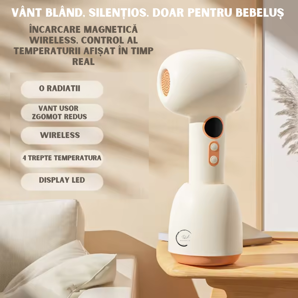 Uscator de par pentru bebelusi si copii,  4 Niveluri Temperatura, Portabil, Wireless, Fara radiatii, Temperatura constanta, Silentios, Incarcare USB, Crem