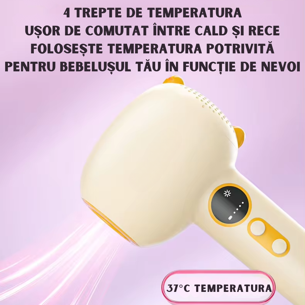 Uscator de par pentru bebelusi si copii,  4 Niveluri Temperatura, Portabil, Wireless, Fara radiatii, Temperatura constanta, Silentios, Incarcare USB, Crem