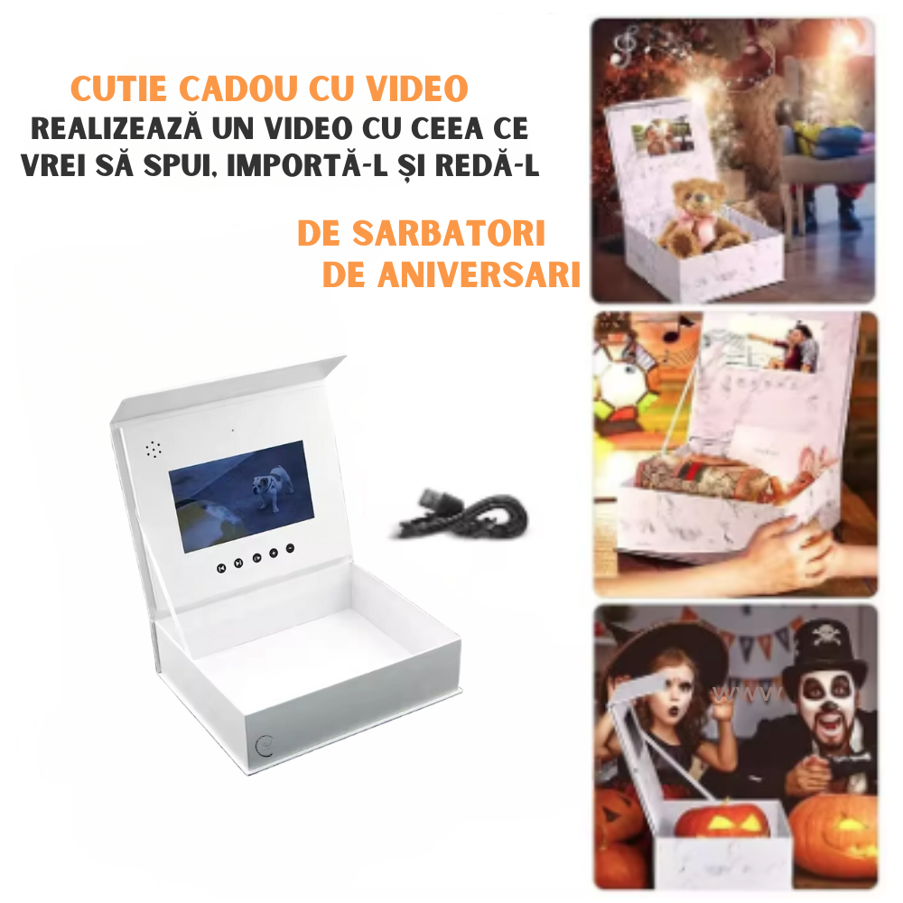 Cutie cadou foto/video digitala, Ecran color 7 inch, Rezolutie video 1080p Full HD, Boxa integrata, Memorie Interna 4GB, USB, 27x27x11cm, Alb