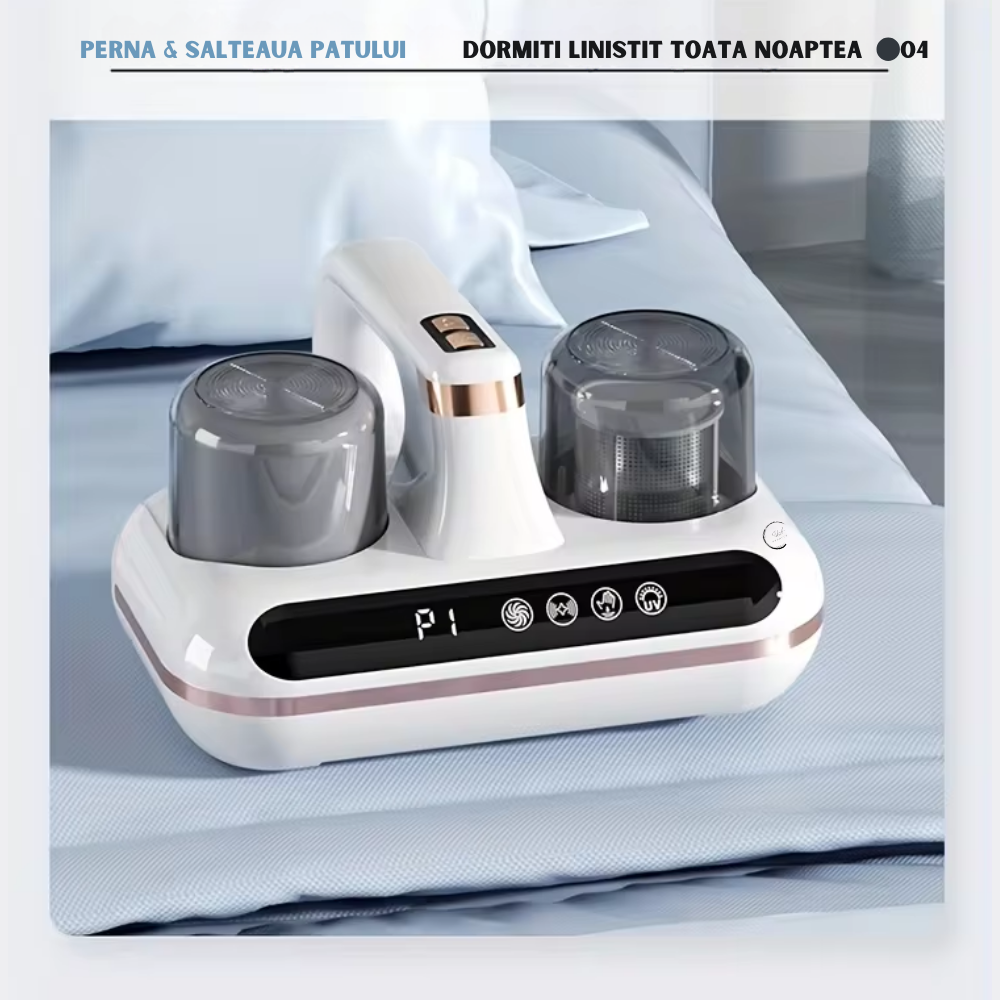 Aspirator de Mana cu Tehnologie UV si Ultrasonica, Wireless, pentru Combaterea Acarienilor si Plosnitelor, Aspirare Profunda a Paturilor, Canapelelor si Hainelor, Igienizare Eficienta, Cupe Duble de Colectare a Prafului, Afisaj Inteligent